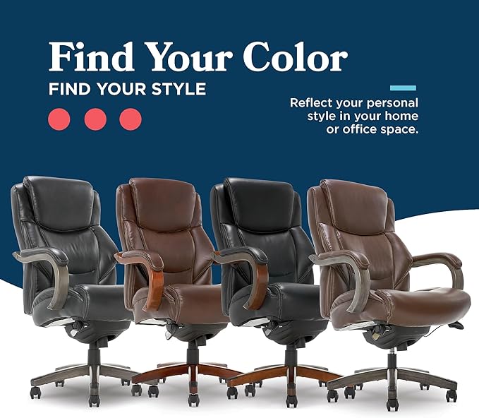 La-Z-Boy Delano Big and Tall Executive Office Chair - Ergonomic Lumbar Support Memory Foam - Bonded Leather Desk Chair for Home Office - Weathered Gray Wood Arms - Brown