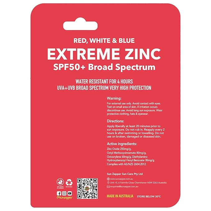 Sun Zapper Extreme Zinc Sunscreen Stick 3-Pack SPF 50+ Red White Blue – Colored Water Resistant Mineral Sunscreen Sticks for Face, Surf Sunblock, 15g (0.53 oz) Each, Australian Made