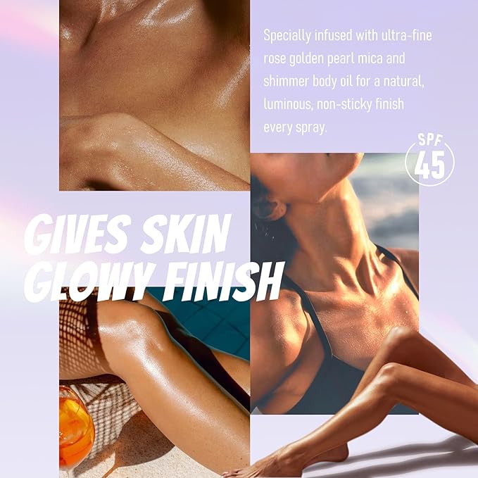 Sheer Body Sunscreen Mist, SPF 45 Ultra-fine Glowing Spray, Lightweight Hydrating Non-Greasy Quick Drying, Infused with Shimmering Radiant Glow Sunscreen Body Oil Mist-Amber,4.06 fl oz