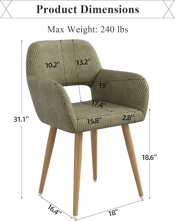 Home Office Desk Chair Set of 4, Corduroy Fabric Vanity Chair for Makeup with Hollow Backrest, Comfy Armchair Wood Frame with Strudy Metal Legs, Dark Green