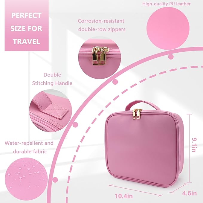 Makeup Bag with Led Mirror,Large Vanity Makeup Cases with 3 Color Setting,Portable Storage and Adjustable Dividers,for Women and Makeup Artists Cosmetic Organizer Travel Makeup Bag-Dark Pink