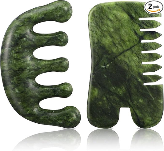 BBTO 2 Pcs Jade Comb for Scalp Massage Gua sha Comb for Head Body spa Hair Multifunctional Handheld Massage Tools (Classic, Natural)