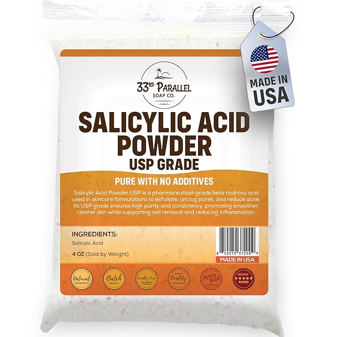 Salicylic Acid Powder USP Grade (4oz) | Professional BHA Exfoliant for DIY Skincare, Serums, Peels & Toners – High Purity Ingredient for Clear, Smooth Skin | 4 OUNCES