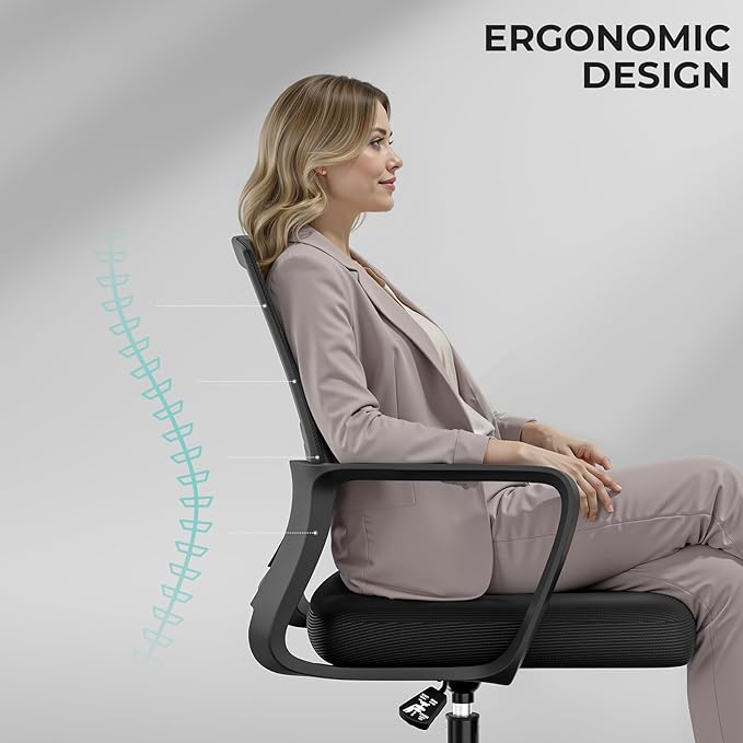 SUKIDA Desk Chair Mesh Office Chair with Upholstery Executive Office Chair with Armrests, Mid-Back Task Chair Height-Adjustable Computer Chair, Black