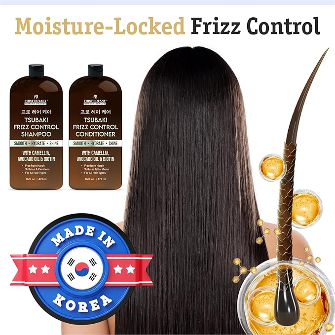 Korean Frizz Control Shampoo & Conditioner Set – Tsubaki Anti Frizz Hair Products for smooth, salon-worthy results- Sulfate Free, Hydrating & Smoothing for All Hair Types- 16 fl oz
