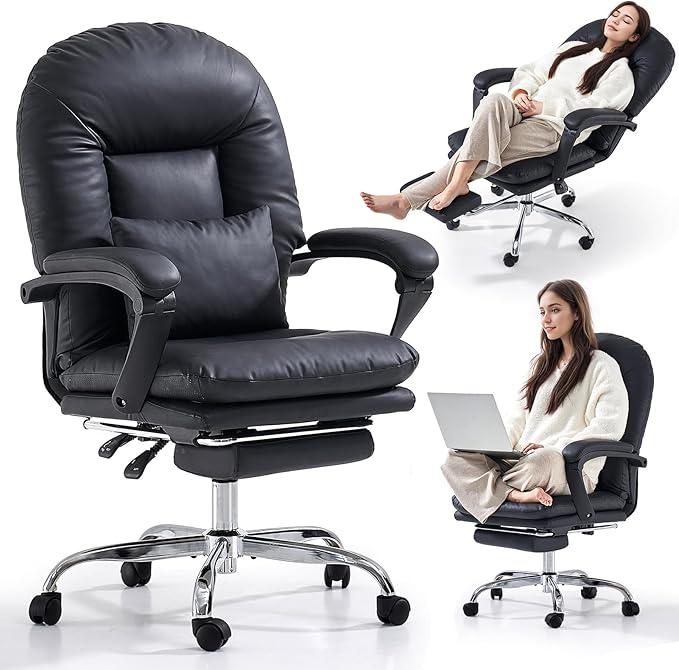 EMIAH Office Chair with Foot Rest Criss Cross Chair with Wheels Ergonomic Reclining Executive Office Chair Mid Back Genuine Leather Swivel Computer Chairs Lumbar Support for Home Office (Black)