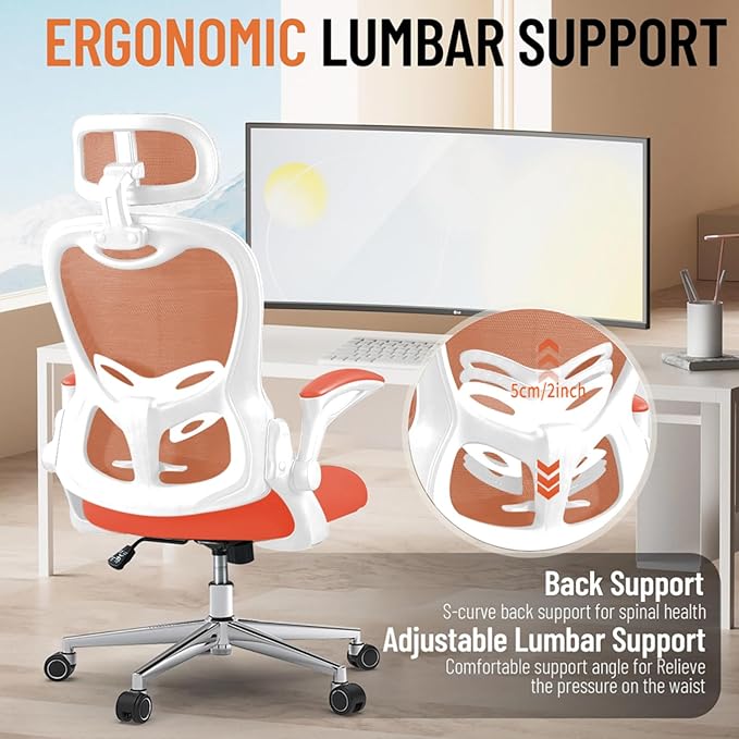 Office Chair, Ergonomic Breathable Mesh Chair,Flip-Up Arms and Adjustable High Back Lumbar Support,Comfy Computer Chair for Home Office (Orange, 407)