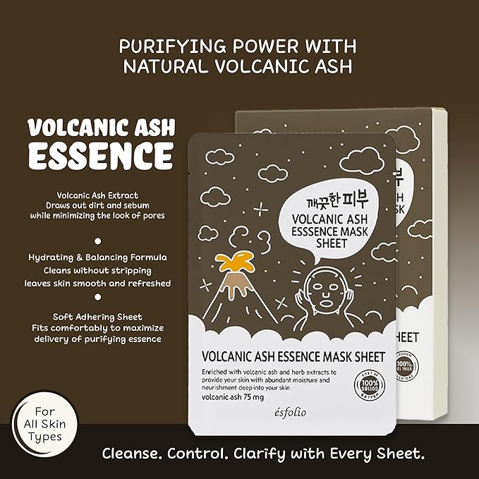 esfolio Volcanic Ash Face Mask – Deep Cleansing Korean Sheet Mask for Pore Care, Oil Control, Acne-Prone & Oily Skin – Hydrating & Purifying Skincare for Clear, Radiant Complexion (Pack of 10)