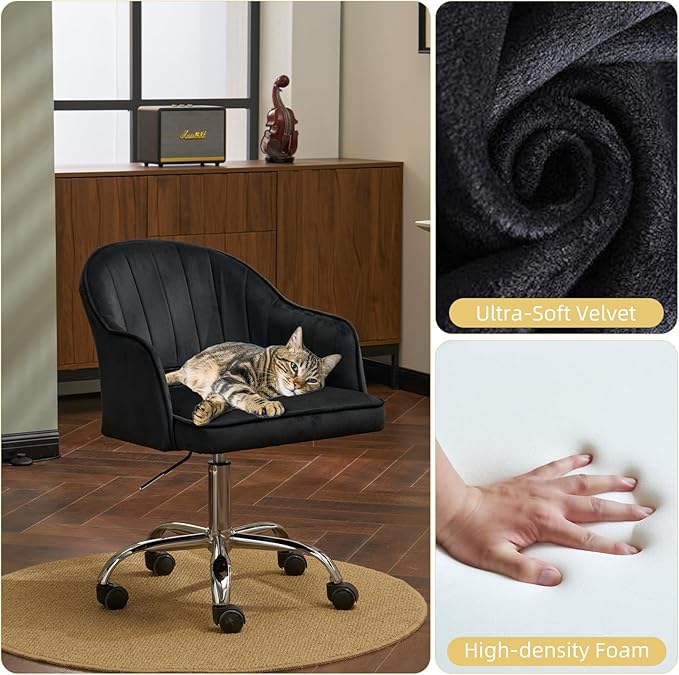 MOJAY Modern Vanity Chair with Wheels, Mid-Back Cutout Velvet Home Office Chair, Swivel Height-Adjustable Soft Seat Cute Desk Chair with Arm Support (Midnight Black)