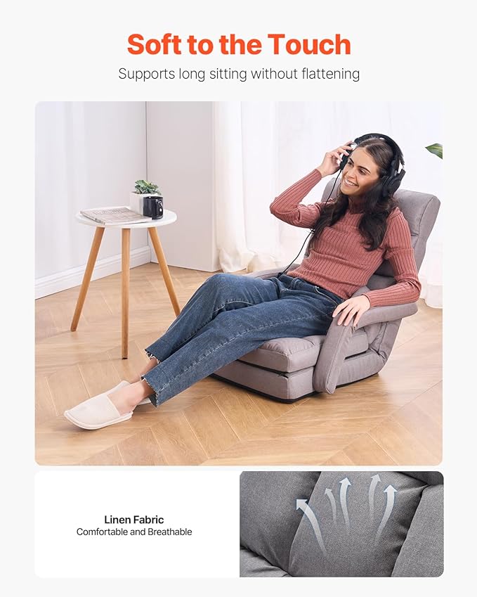 VEVOR Floor Chair, Floor Gaming Chair with 5 Adjustable Position and Back Support, Folding Sofa Chair with Armrest for Adults, Sofa Lounger Bed with Back Cushion for Living Room and Bedroom, Gray