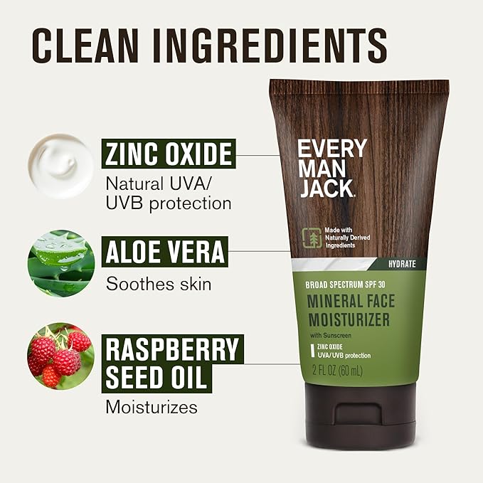 Every Man Jack Men's Mineral Face Lotion w/Broad Spectrum SPF 30 Sunscreen w/Zinc Oxide - Dermatologist Tested UVA/UVB Protection - Daily Moisturizer to Protect & Relieve Dry Skin - 2 Fl Oz (2 Pack)