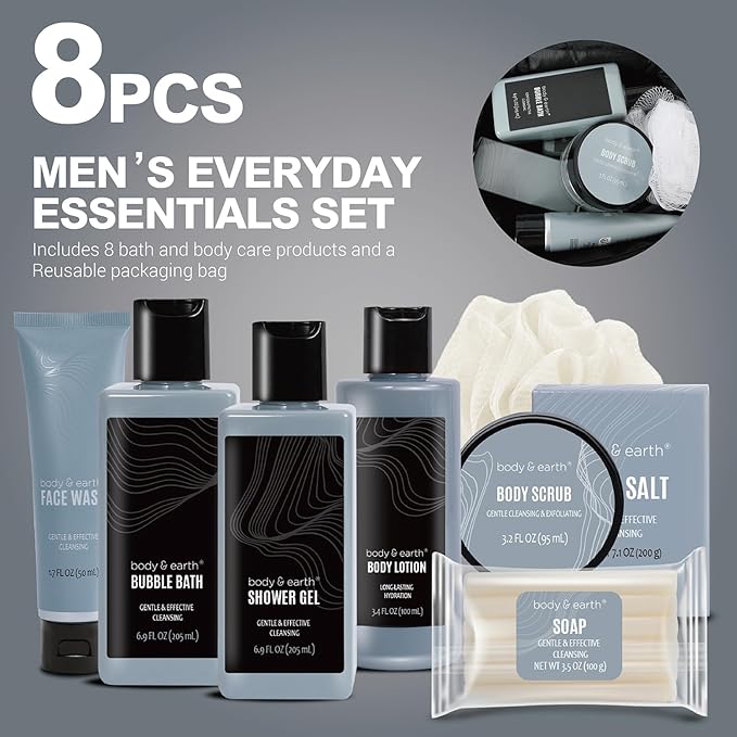 Body & Earth Gift Baskets for Men 8pcs Mens Grooming Sets with Leather Scent Gift Sets for Christmas Gifts for Men