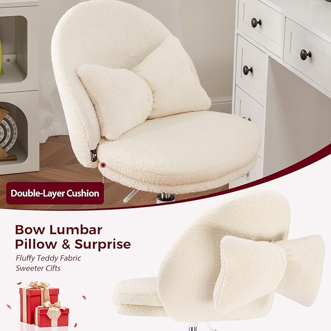 GTPLAYER Velvet Tall Office Chair with Wheels Vanity Chairs with Back, Versatile Height Use: Office to Bar Stools Small Ergonomic Comfy Armlees Computer Desk Chair with Bow Lumbar Pillow for Gift