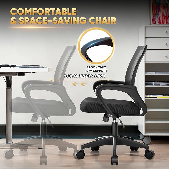 Magshion Ergonomic Office Chair Pack of 2, Mid-Back Mesh Desk Chair, Adjustable Swivel Computer Chair with Lumbar Support & Breathable Backrest for Gaming, Work, Study, 300 Lbs Capacity, Black