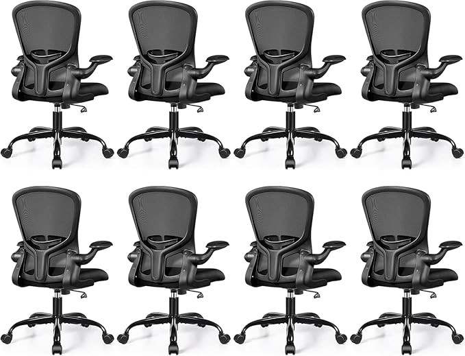 FelixKing Office Desk Chairs, Ergonomic PC Desk Chair with Wheels, Adjustable Lumbar Support and Height, Swivel Computer Chair with Flip-up Armrests and Ergo Mesh Backrest(Black, Pack of 8)