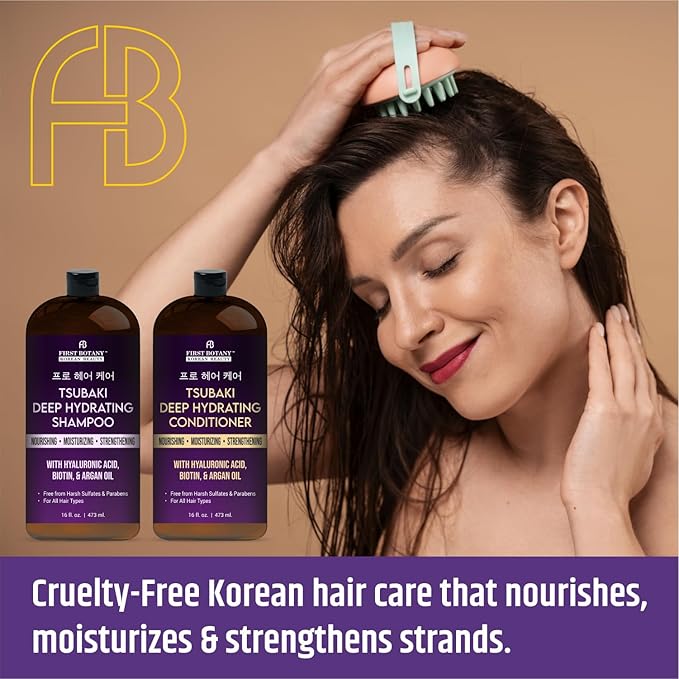 Korean Tsubaki Deep Hydrating Shampoo & Conditioner Set – With Hyaluronic Acid, Biotin & Argan Oil – Nourishing, Moisturizing – Sulfate & Paraben Free – For All Hair Types, 16 fl oz