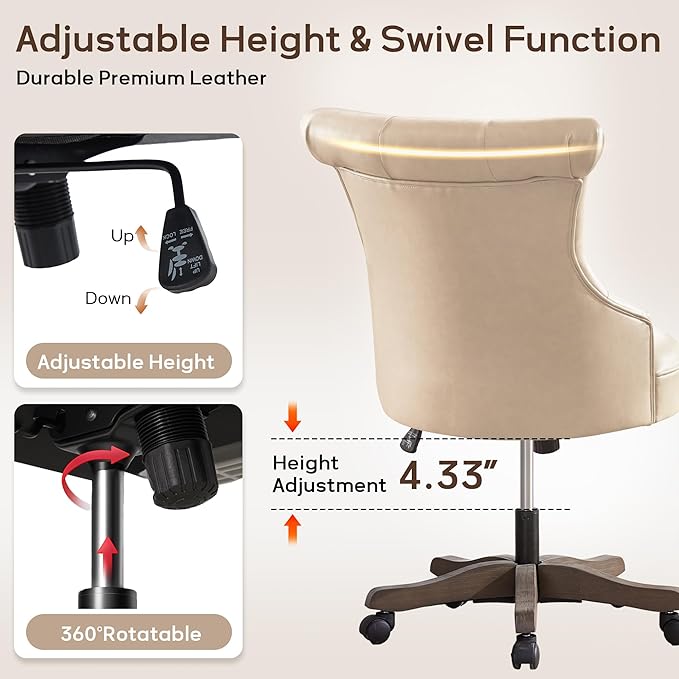 HUIMO Home Office Chair Upholstered Armless Desk Chair with Wheels Adjustable Height Computer Desk Chair with Wooden Legs Comfortable Swivel Chair for Home Office Study Studio (Light Taupe)