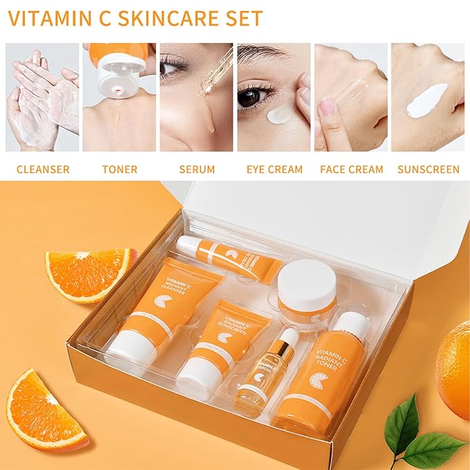 Skin Care Set, Vitamin C Facial Kit for Women, Face Skin Care Kit with Facial Cleanser, Face Serum, Face Cream, Eye Cream, Toner, Sunscreen for Hydrating Skin