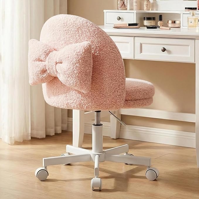GTPLAYER Velvet Tall Office Chair with Wheels Vanity Chairs with Back, Versatile Height Use: Office to Bar Stools Small Ergonomic Comfy Armlees Computer Desk Chair with Bow Lumbar Pillow for Gift