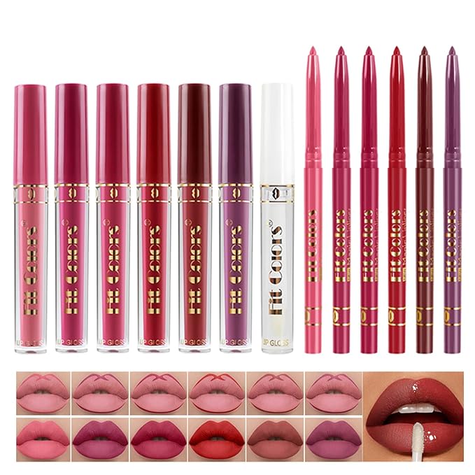 13Pcs Matte Liquid Lipstick + Lip Liner Pens Set, 6 Matte Lipstick+6 Matching Smooth Lipliner+ 1Pcs Lip Plumper Makeup Set Kit, Waterproof Long Lasting 24 Hour Lip Makeup Valentines Gifts for Women