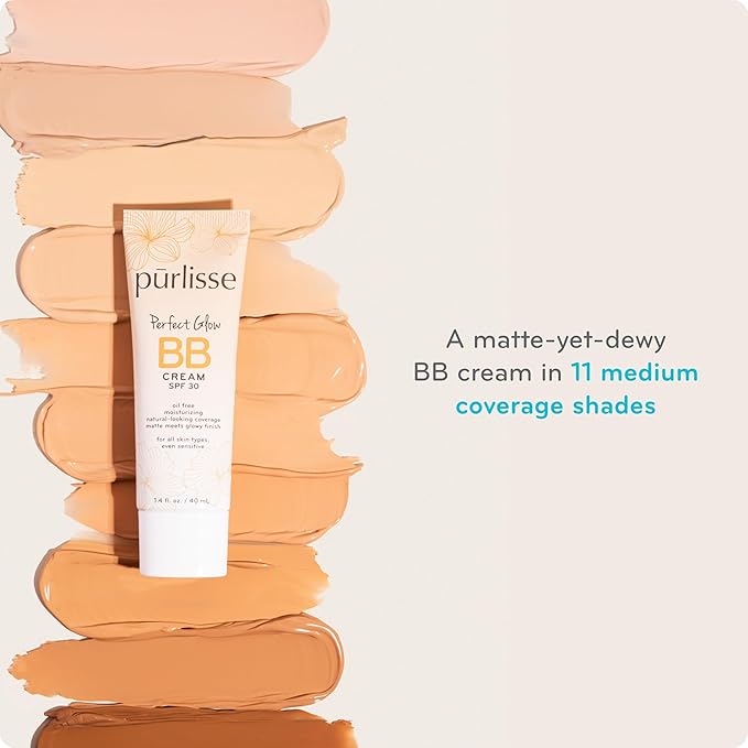 pūrlisse Perfect Glow BB Cream with SPF 30 - Matte Meets Dewy Finish - Enriched with Goji & Hawthorn Berry to Help Improve Skin Texture & Radiance - Medium Golden (1.4 oz)