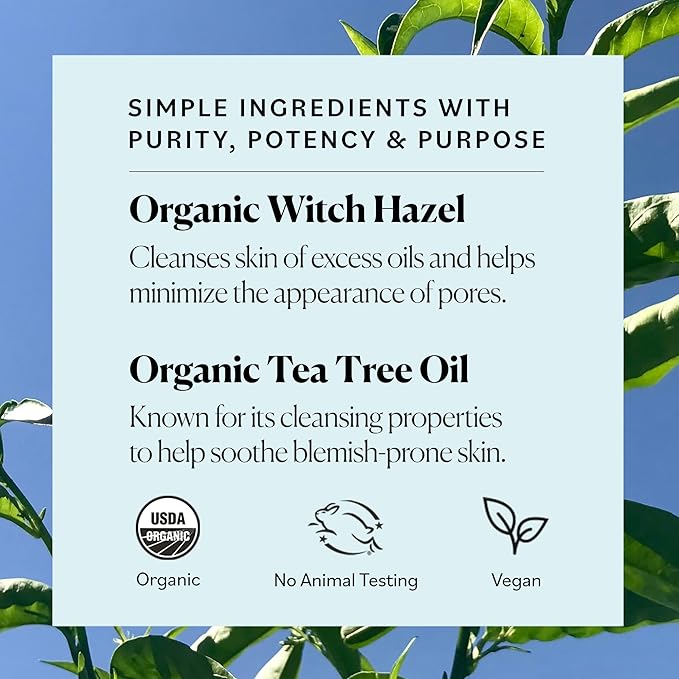 Sky Organics Organic Tea Tree & Witch Hazel for Face, Purifying Facial Toner to Hydrate, Soothe, Cleanse and Balance Blemish-Prone Skin, Helps Minimize The Appearance of Pores, 8 fl oz