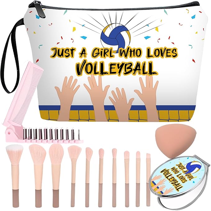 Personalized Volleyball Makeup Bag set with Mirror for girls,volleyball stuff Cosmetic bag kit for Volleyball Players with10 pieces brush set,ball Gifts for Women Mom femal friends