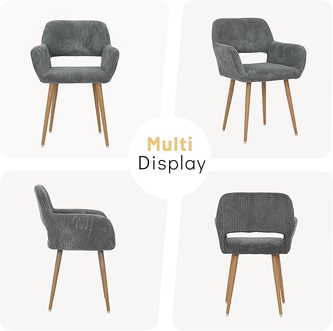 KCC Small Modern Dining Room Arm Chairs Set of 2, Mid-Century Upholstered Corduroy Fabric Side Seat Club Guest with Metal Tube Legs for Kitchen, Living Room, Gray