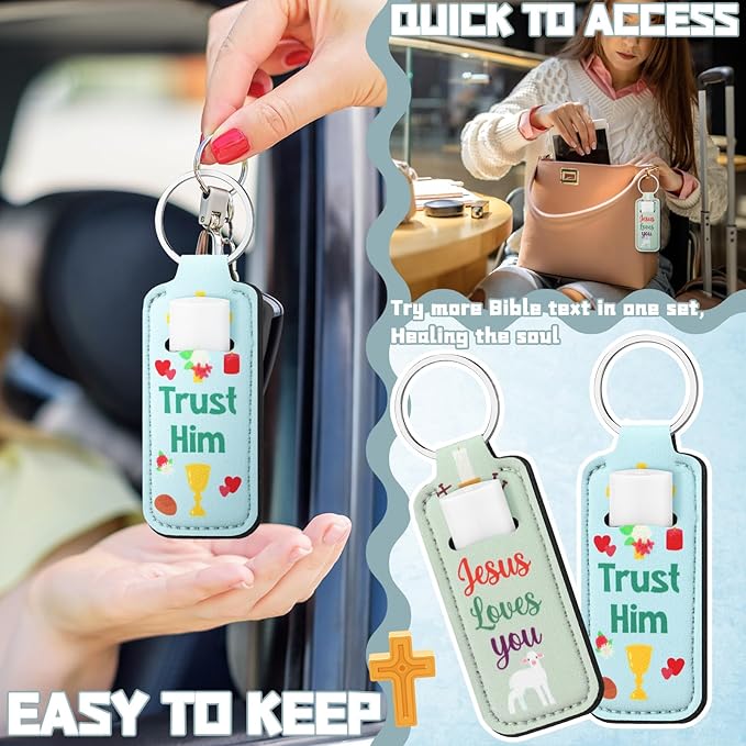72 Pcs Christian Bible Lipstick Holder Key Chain Lip Balm Holder Gift Bulk with Metal Ring Lipstick Lip Gloss Pouch Religious Party Bible Inspiration Gift for Women Man Church(Cute)
