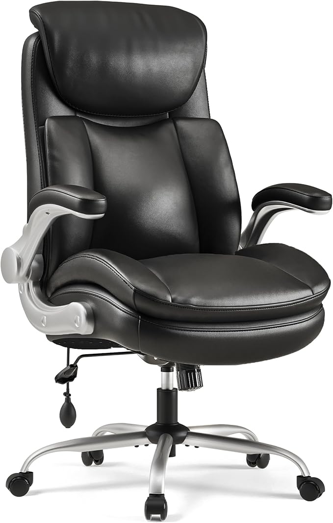 Big and Tall Office Chair, Heavy Duty Office Desk Chair with Padded Flip-Up Arms, Adjustable Lumbar Support & Tilt Lock, High Back Ergonomic Executive Computer Chair for Work & Study, Pure Black
