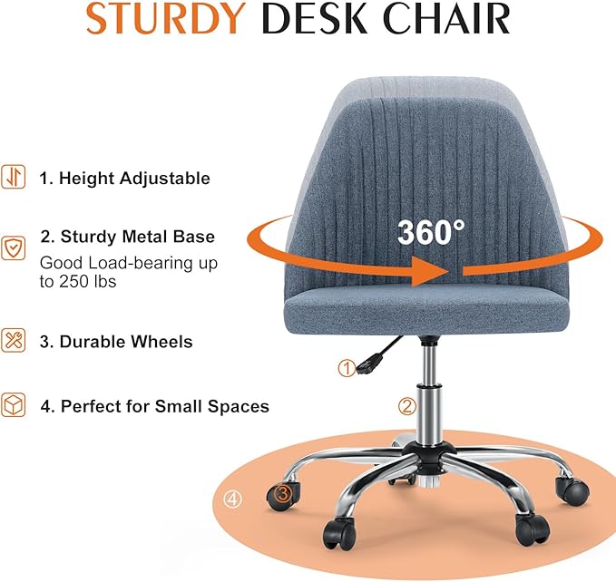 Sweetcrispy Armless Vanity Chair, Cute Comfy Home Office Desk Chair with Wheels, Modern Upholstered Task Computer Seat for Bedroom, Study, Makeup Vanity, Height Adjustable & Swivel, Blue