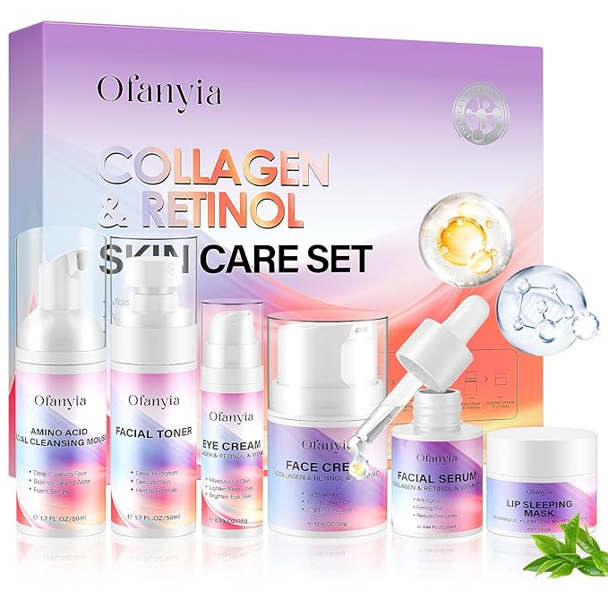 Valentines Day Gifts for Women, Collagen Retinol Skincare Set, 6 Pcs Anti-Aging Skin Care Set with Hydrating Cleanser, Eye Cream, Toner, Cream & Lip Mask, Facial Kit for Women, Birthday Gift for Her
