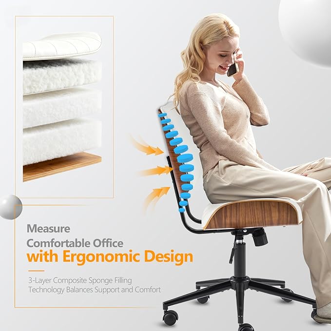 VINGLI Wide Curved Seat&Back Armless Home Office Chair,Ergoromic Adjustable-Height Desk Chair,Swivel&Tilting Function,Stylish Walnut Task Chair for Meeing Room,Dining Room,PU, White