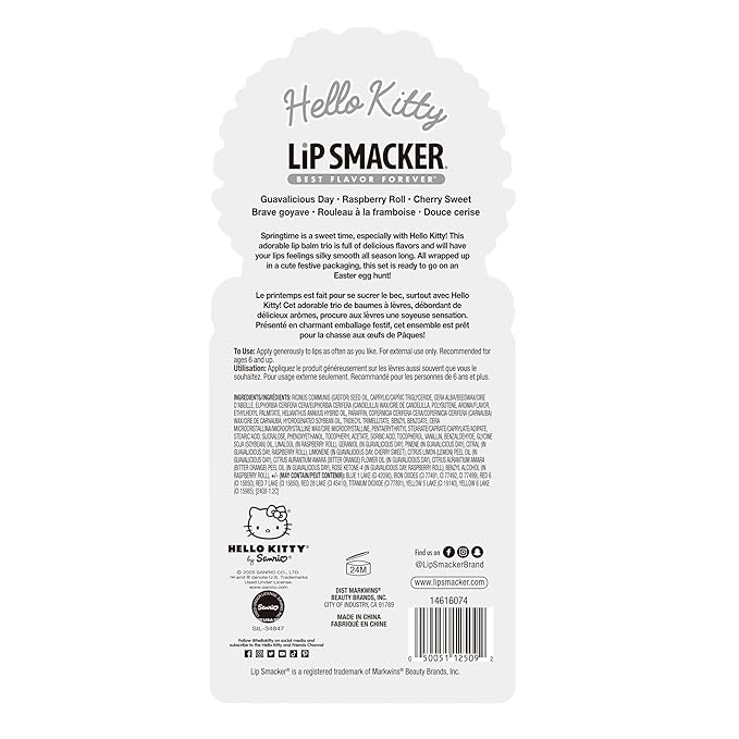 Lip Smacker Hello Kitty Lip Balm Trio, Adorable Sanrio Collectible, Moisturizing & Nourishing Fruity Flavors, Guavalicious Day, Raspberry Roll, Cherry Sweet- Blue