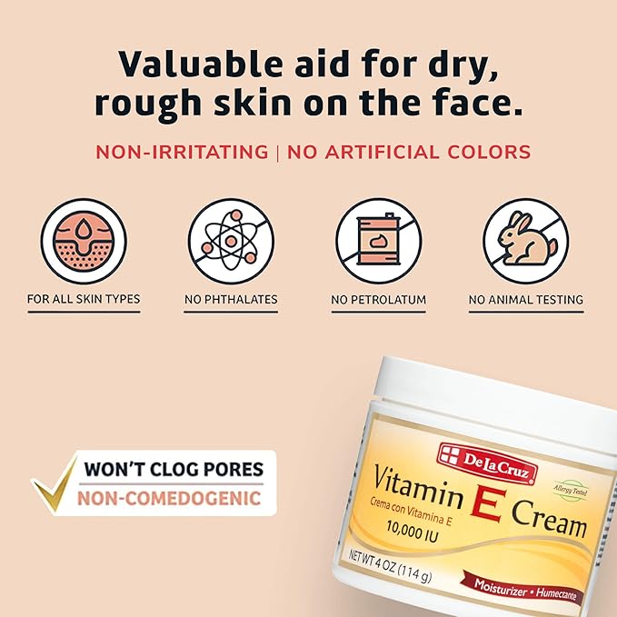 De La Cruz Vitamin E Cream Moisturizer for Face and Neck - Moisturizing Skin Care for All Skin Types - Made in USA