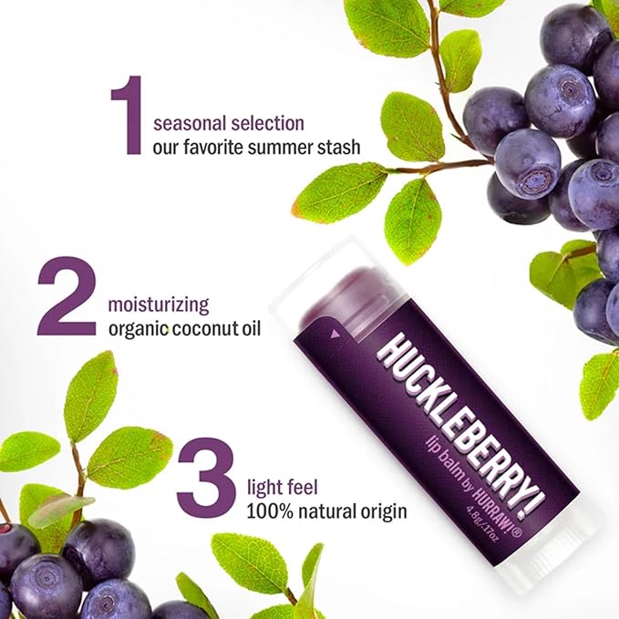 Hurraw! Huckleberry Lip Balm: Organic, Certified Vegan, Cruelty and Gluten Free. Non-GMO, 100% Natural Ingredients. Bee, Shea, Soy and Palm Free. Made in USA