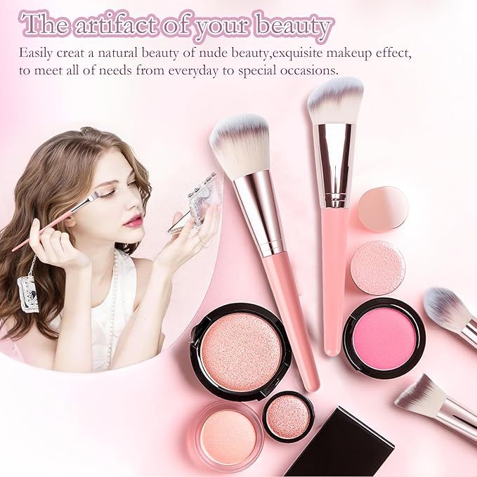 70Pcs Makeup Brushes Set Premium Makeup Kit with Case Premium Synthetic for Foundation Concealer Blush Eyeshadow Powder Contour Makeup Brush Kit Face Eye Make up Brushes & Tools (Pink)