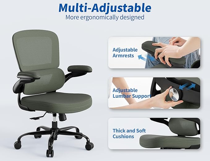 TRALT Ergonomic Office Chair - Desk Chair with Adjustable Lumbar Support Computer Chair - Mesh Comfy Chair with Flip-up Armrests - Gaming Chairs for Adults Home Office (PU Leather, Dark Green)