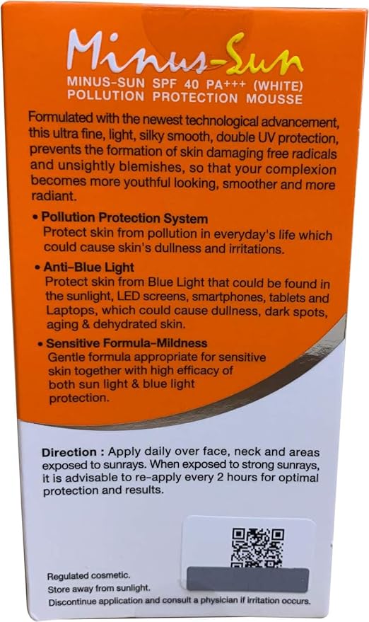 Minus-Sun SPF40 PA+++ (White) Pollution Protection Mousse 30 Gram. Facial Sun Protection Silky Smooth Plus UVA1 UVA2 and UVB Protection