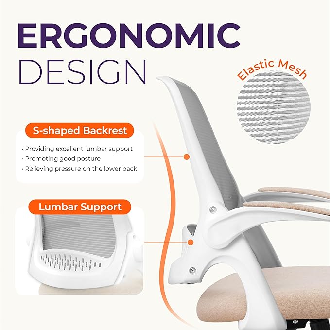 NEO CHAIR Office Desk Computer Gaming Ergonomic Chair with Lumbar Back Support Adjustable Height Swivel Wheels Flip-up Arms Mesh Chair for Home or Office (Beige)