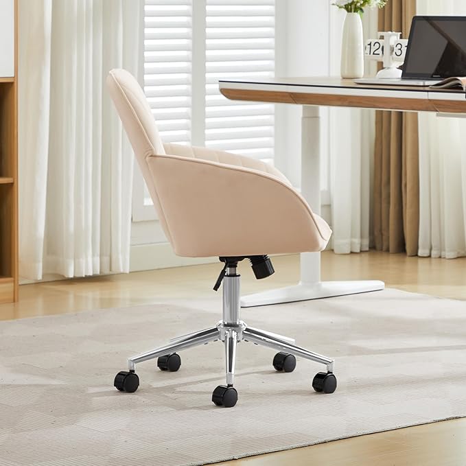 Velvet Home Office Desk Chair, Modern Cute Computer Task Chair with Back, Height Adjustable Upholstered Vanity Chair with Swivel Wheels for Women, Girls (Silver Base, Oatmeal