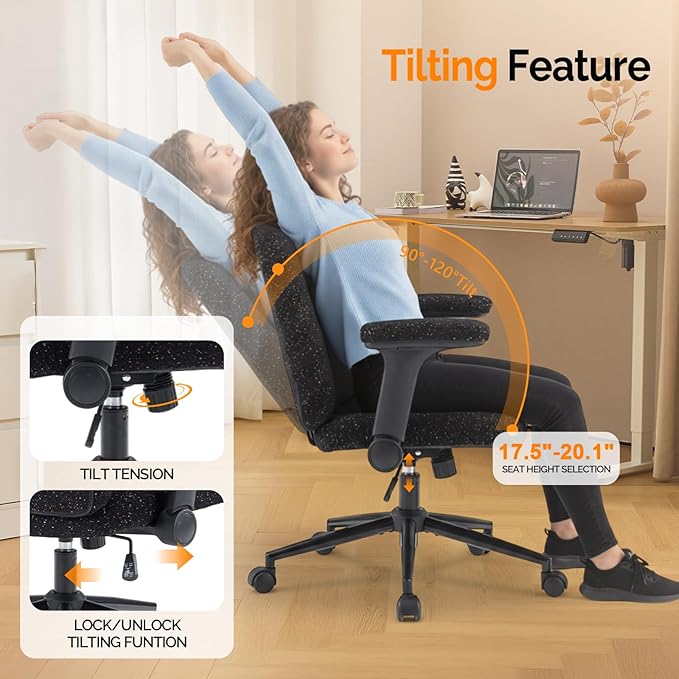 VINGLI Criss Cross Chair with Adjustable Flip-Up Arms,Cross Legged Chair with Wheels,Extra Wide Office Chair,Desk Chair for Home Office,Vanity,Bedroom, Apartment,Starry Chenille,Black