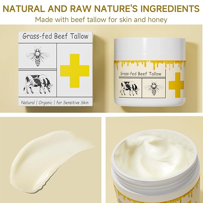Beef Tallow for Skin, Beef Tallow, Tallow and Honey Cream, Grass Fed Beef Tallow, Whipped Beef Tallow for Face Moisturizer for All Purpose with Raw Honey Tallow Balm, 2 packs
