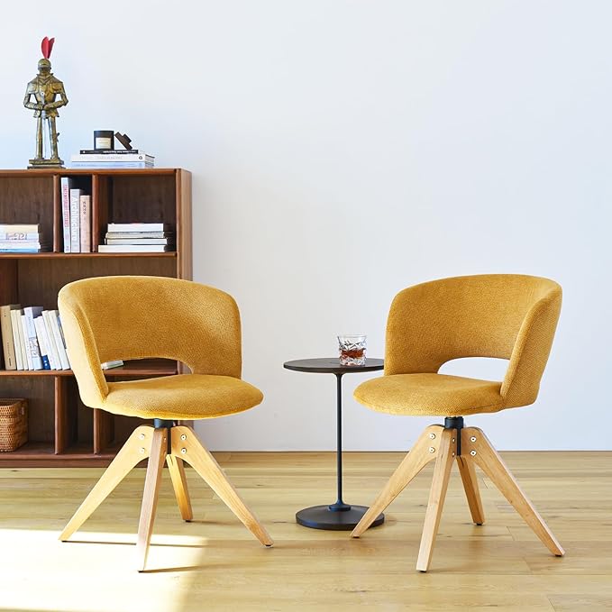 Mid Century Modern Swivel Accent Chair with Solid Wood Legs, Home Office Desk Chair No Wheels, Makeup Chair for Vanity, Upholstered Chair for Bedroom, Yellow