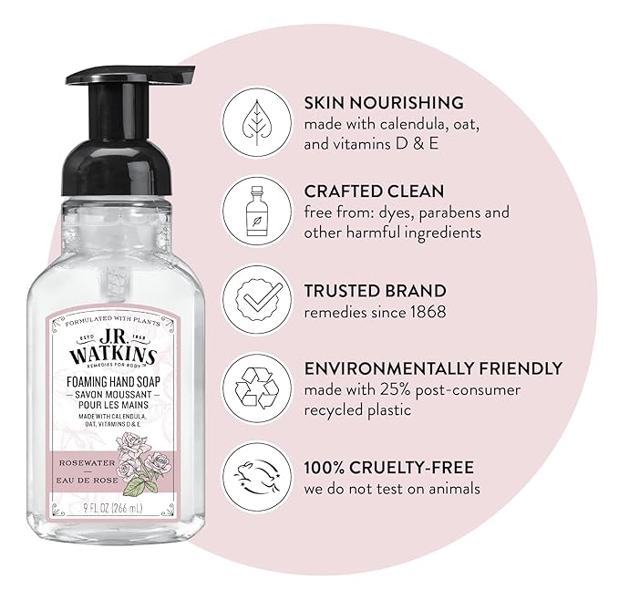 J.R. Watkins Foaming Hand Soap with Pump Dispenser, Moisturizing Foam Hand Wash, Alcohol-Free, Cruelty-Free, eau de rose, 9 fl oz, 3 Pack