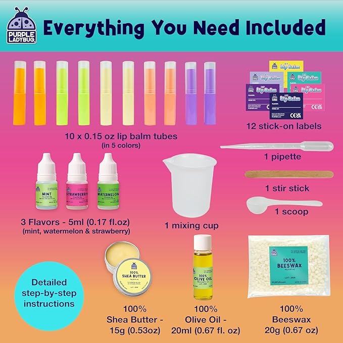 PURPLE LADYBUG DIY Lip Balm Making Kit - Easter Gifts for Kids Idea for 8-12 Tweens & Teens, Birthday Gifts for 9 10 Year Old Girls - Fun 10 Year Old Girl Gifts, Make Your Own Lip Balm with 3 Flavors