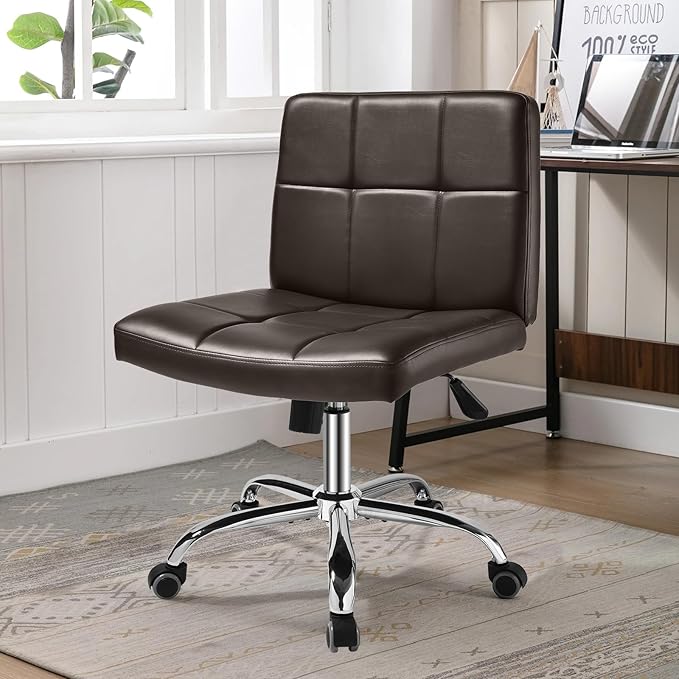 360° Office Desk Chair,PU Adjustable Rolling Task Chair with Backrest for Barber,Office,Home, Computer,360° Swivel,Armless，desk chair without arms，office chair 400+ lb weight capacity(Widened Brown)