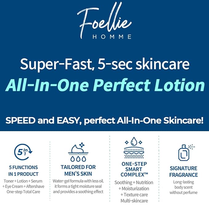 Foellie Homme All-In-One Perfect Lotion, Men's Face Moisturizer 150ml