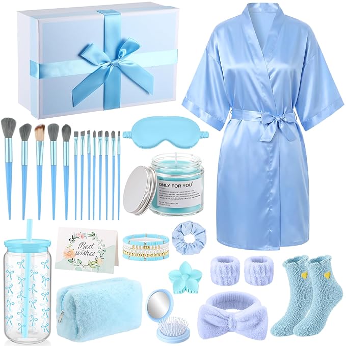 15 Pcs Birthday Gifts for Women Robe Sets for Women Spa Basket Set Graduation Gifts Bath Robe Make up Brushes Scented Candle Fluffy Socks Coffee Cup for Mom Nurse Girlfriend Wife (Blue)