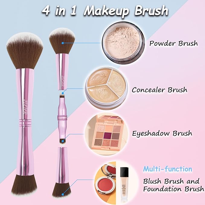4 in 1 Makeup Brush Set, Travel Makeup Brushes with Case, Foundation Brush/Blush Brush, Eyeshadow Powder Brush,Concealer Brush (pink-plastic case)
